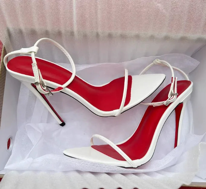 New 12cm minimalist ultra-fine straight strap high-heeled shoes with sexy lace up wristband, plus size slim heel bed sandals