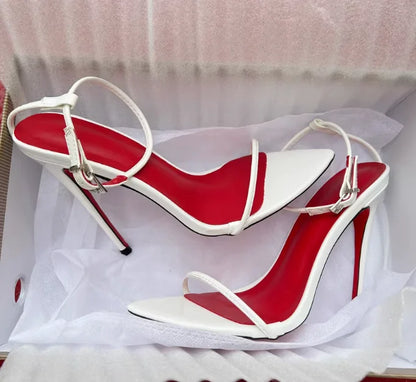 New 12cm minimalist ultra-fine straight strap high-heeled shoes with sexy lace up wristband, plus size slim heel bed sandals